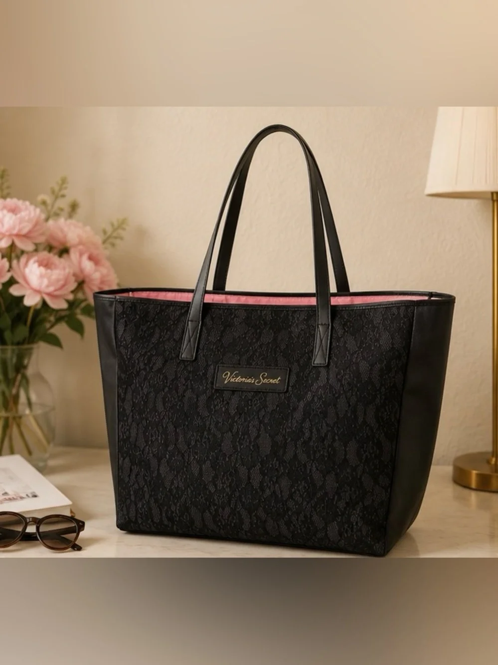 Victoria’s Secret Black Lace Tote Travel Bag Pink Lining Large